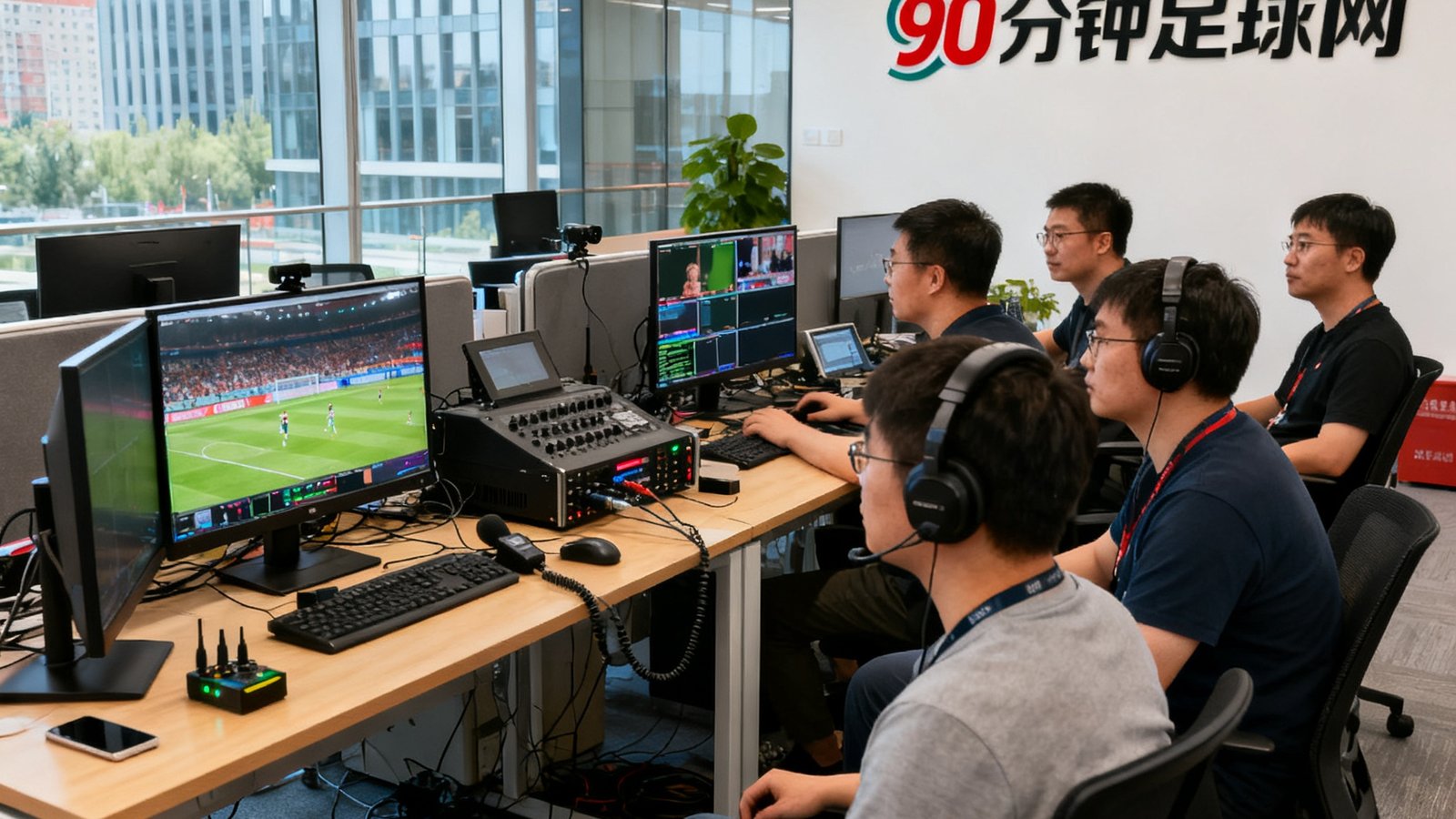 90分钟足球网位于北京朝阳区SOHO现代城的公司总部办公室，技术团队在开放式办公区进行赛事直播保障工作